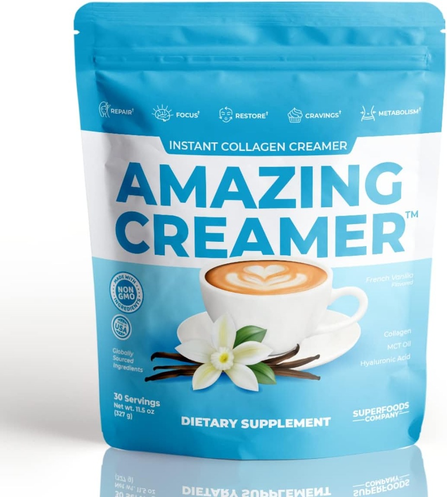 Superfoods Company Amazing Creamer with Collagen - Keto Creamer-Hyaluronic Acid &amp; MCT Oil - Brain Boost &amp; Curbs Cravings - Supports Healthy Skin & Hair - Diet-Friendly [30 Servings] [Vanilla]