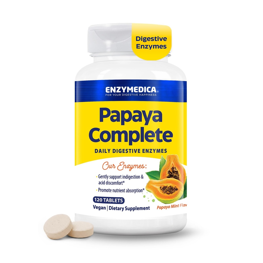 Enzymedica Papaya Complete - Papaya Enzymes Chewable, Digestive Enzyme Supplement for Women and Men, Digestion & Gut Health Support, High Potency Bromelain & Papain, Vegan, Gluten Free - 120 Tablets