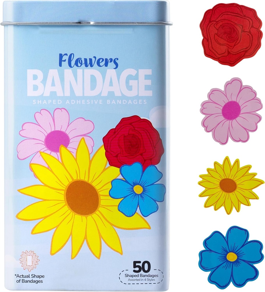 BioSwiss Kids Bandages, Flowers Shaped Self Adhesive Bandage Set, Latex Free, Sterile Wound Care, 50 Count