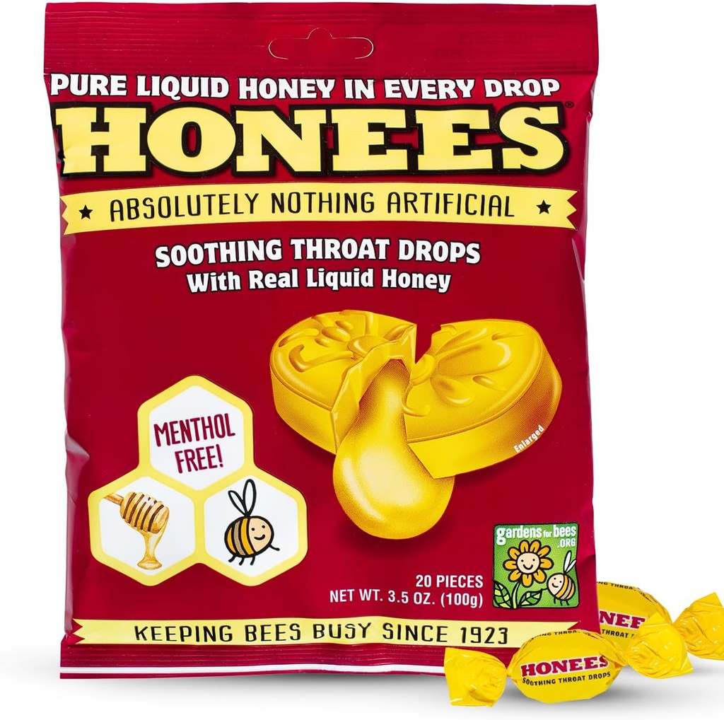 Honees Honey Filled Drops, Honey Cough Drops with Real Honey-Natural Sore Throat Relief-Nothing Artificial-Throat Coat Lozenges, Natural Cough Suppressant, Non-GMO, Gluten Free (1 Pack – 20 gotas)