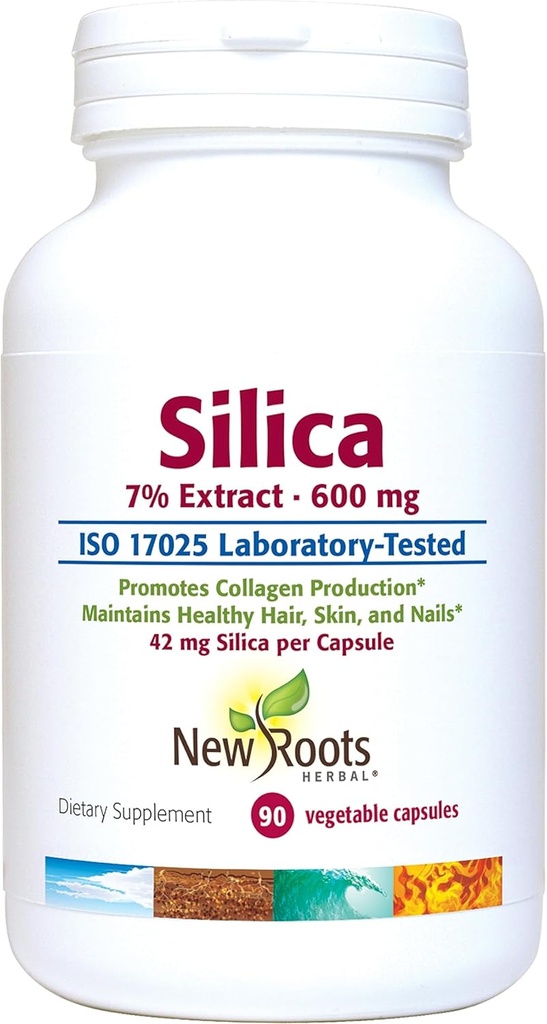 Silica 7% Extracto Suplemento (90 cápsulas) - 600mg por cápsula - Silica Suplemento - Apoyo a la uñas y la piel del cabello TENIDO NUEVO ROOTS HERBAL