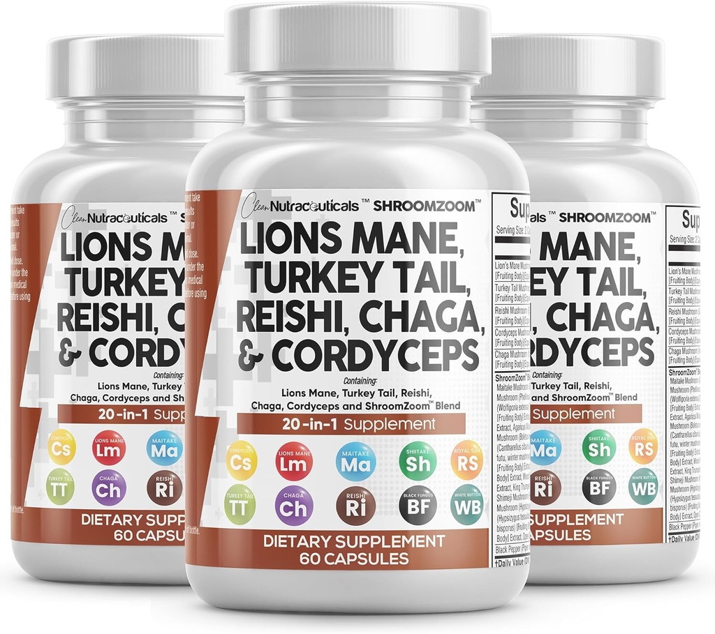 Nutracéuticos limpios Lions Mane 20in1 Mushroom Suplemento con Turquía Tail Reishi Cordyceps Chaga Maitake Meshima Poria Cocos Shiitake Oyster Porcini Enoki - 3Pack