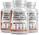 Nutracéuticos limpios Lions Mane 20in1 Mushroom Suplemento con Turquía Tail Reishi Cordyceps Chaga Maitake Meshima Poria Cocos Shiitake Oyster Porcini Enoki - 3Pack