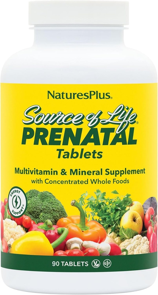 Natures Plus Fuente de Vida Prenatal - 800 mcg Folate, 90 Tablas Vegetarianas - Todas Vitaminas Prenatales Naturales con Hierro &amp; Calcio - Salud Optimal & Energy - Gluten-Free - 45 Servimientos