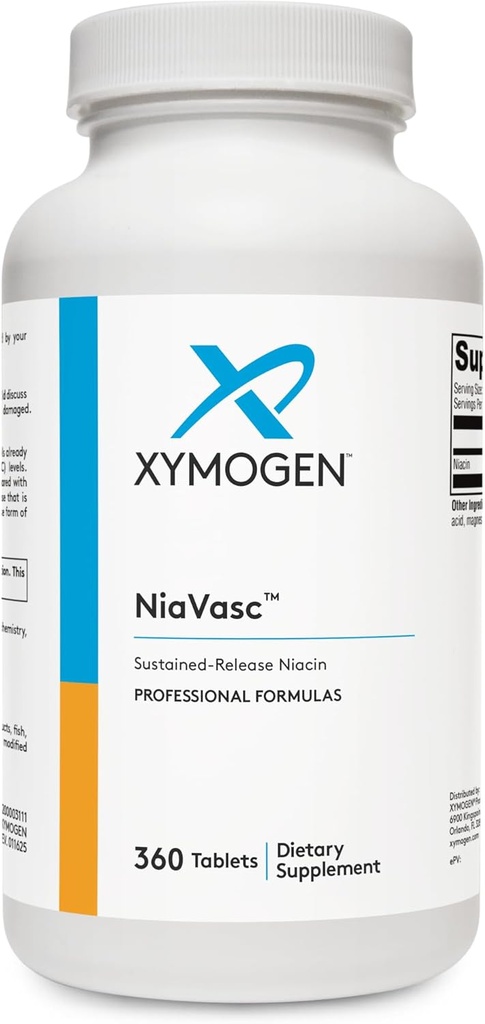 XYMOGEN NiaVasc Niacin 500mg - Niacina de liberación sostenida para un efecto de flushing menor - apoya el mantenimiento de las manchas sanas de sangre (360 Tablas de liberación temporal)