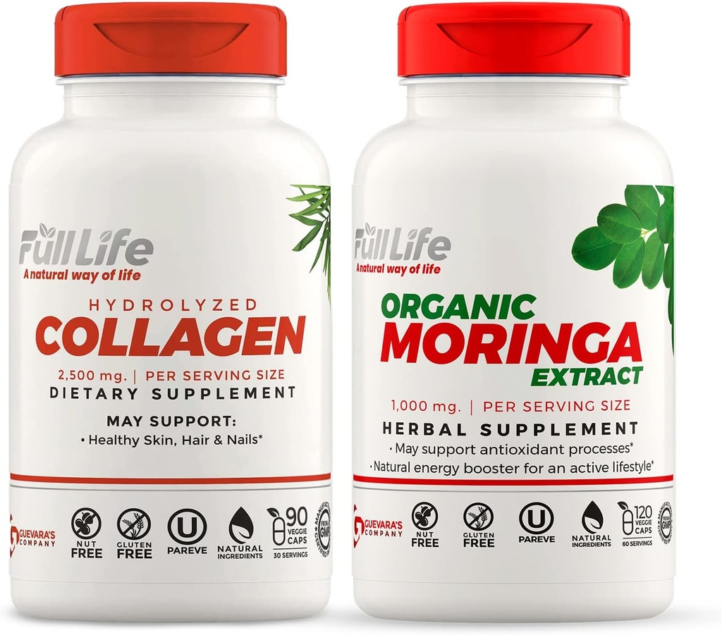 Completa vida Collagen hidrolizado y Moringa Oleifera Capsules - Suplementos dietéticos - Bovine Collagen Pills for Women and Men, Gluten-Free - Veggie Capsules