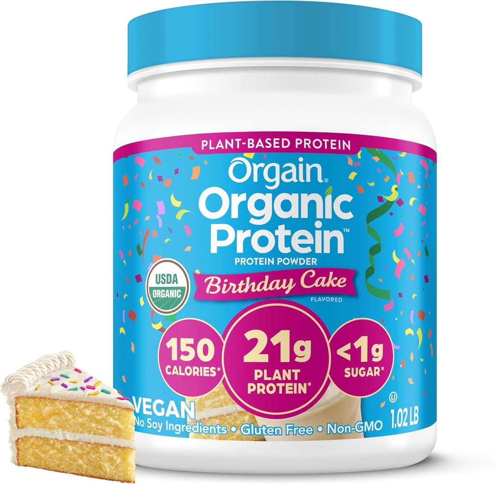 Orgain Orgain Pólvora de proteínas orgánicas, Pastel de cumpleaños - 21g Proteína de base vegetal, fibra prebiótica de 7g, carbohidratos de baja red, sin ingredientes de lactosa, sin azúcar añadido, no fumador, para Shakes " Smoothies, 1,02 lb