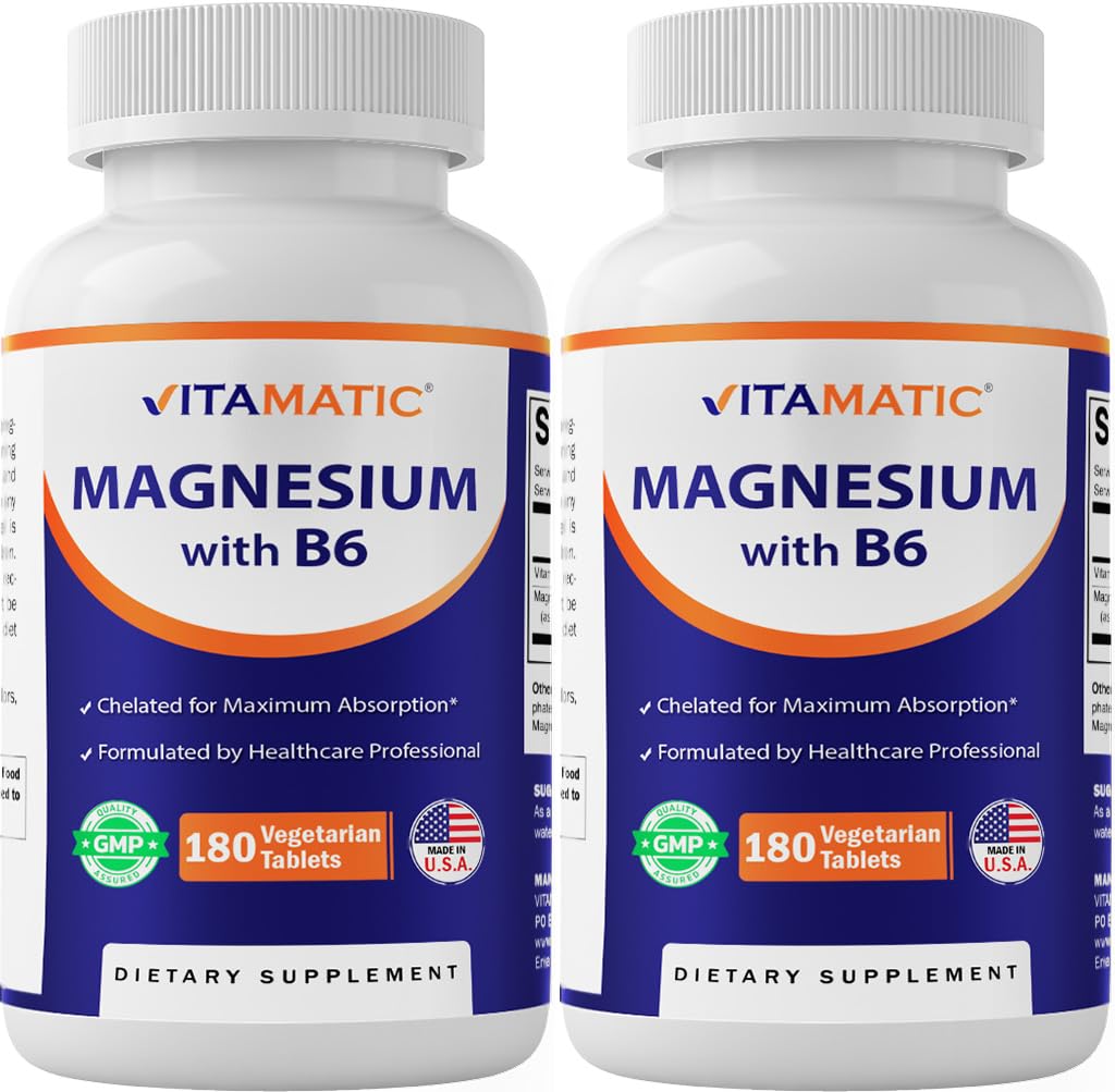 Magnesio Vitamático con Tabletas Vegetarianas B6-180 (Uncoated) - Añadido B6 para Absorción Máxima - Apoyo al músculo, la articulación y la salud cardíaca - 2 Pack