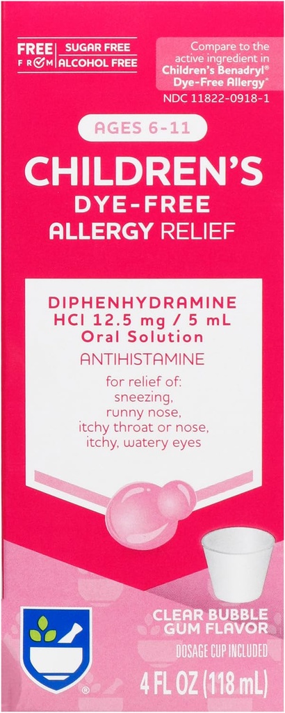 Rite Aid Alivio de la Alergia Infantil, Diphenhydramine HCI, Bubble Gum Flavor, 12,5 mg - 4 oz ← Antihistamine ← Alergía de los Niños Medicina de la Alergia tóxica Medicamento de Alergia tóxico Alergia Pills Silencioso