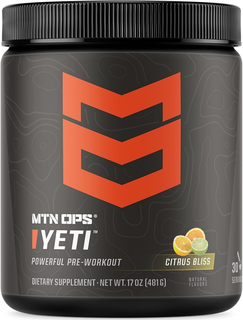 MTN OPS Yeti Pre-Workout Powder Energy Drink with Creatine, 200mg Caffeine &amp; BCAAs with Beta Alanine, 30-Serving Tub, Citrus Bliss