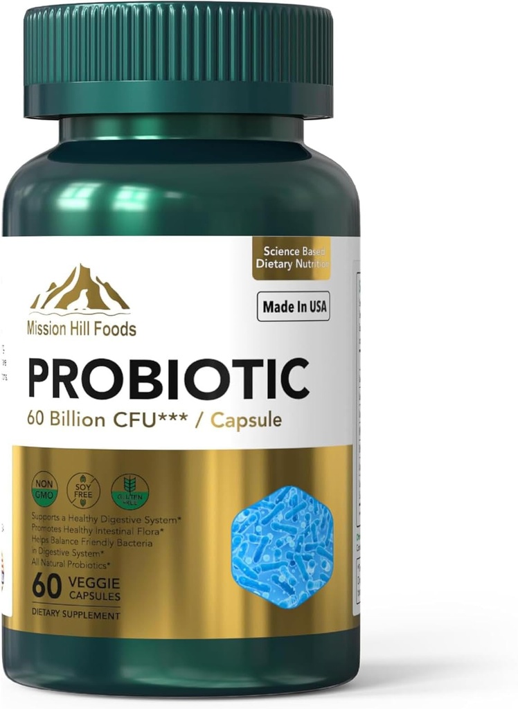 Probiótico 60 Billones CFU Silenciosos Apoyo Digestivo &amp; Salud Inmunitaria (1 Bottle-60 Capsules-2mo Supply) Silencio Contiene 7 Strains Probióticos Naturales ← No Gluten &amp; Soy Gratis