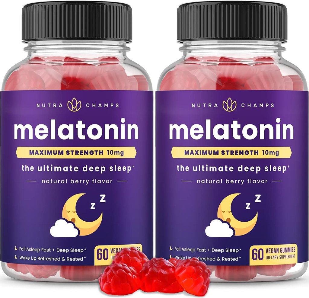 NutraChamps (Pack of 2 Melatonin Gummies for Adults, Extra Strength Sleep Aid Vitamins, 5mg o 10mg Dose, Vegan Natural Strawberry Flavor Supplement for Better Sleep, 120 Gummies