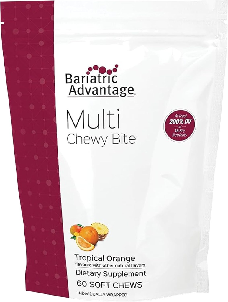Bariatric Advantage Multi Chewy Bite - Soft Chew Multivitamin for Bariatric Surgery Pacientes - Multivitamina Chewable con ácido fólico, vitamina D3 &amp; Más - sabor a naranja tropical - 60 cuenta