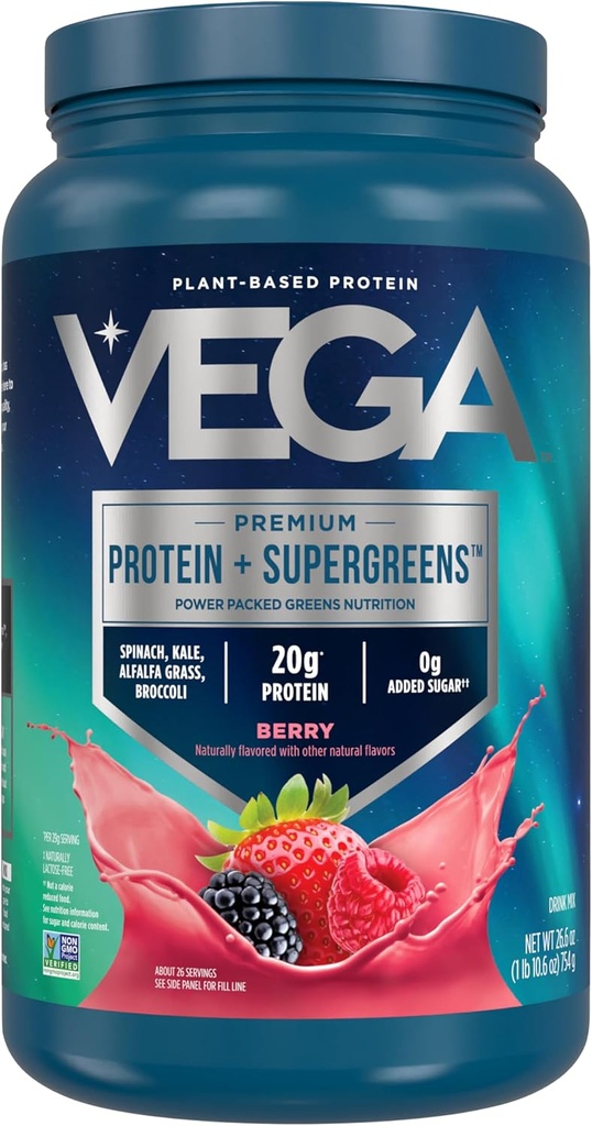 Vega Proteína + Supergreens - 20g Proteína de base vegetal, Berry, 26 Servings, Verdes Reales " Veggies, Vegan Keto, 0g Añadido Azúcar, Non-GMO, Gluten Free, Dairy Free, 1.7lbs (Packaging May Vary)