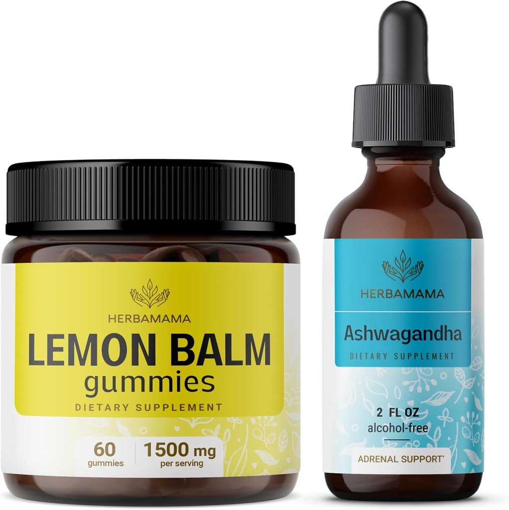 HerBAMAMA Lemon Balm y Ahwagandha Kit - Bundle of Lemon Balm Gummies & Ashwagandha Liquid Drops 2 fl oz - Vegan, Non-GMO, Alcohol &amp; Gelatin-Free - 2 Pack