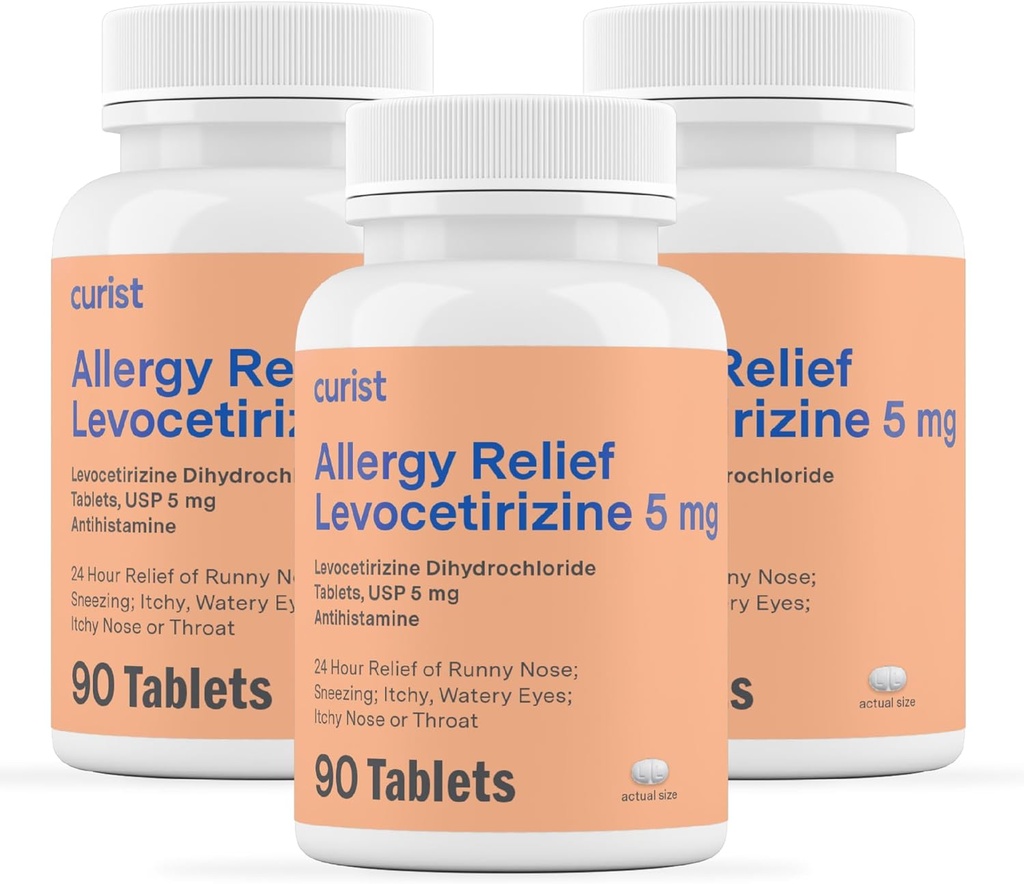 Curist Genérico Levocetirizine Dihidrocloruro 5mg Bulk (270 Tablets), Alergia Píldoras, 24 horas Alivio de Alergia - Medicina de Alergia (3 Packs de 90 Tabletas)