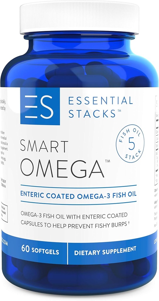 Estacas esenciales Smart Omega 3 - Burpless Fish Oil - 1400mg EPA DHA Por Serving, Enteric Coated (60 cápsulas)