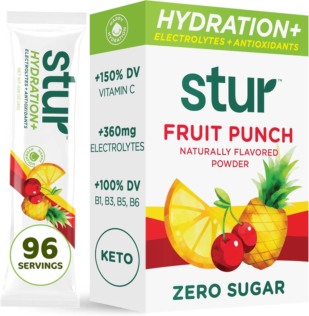 Stur Electrolytes Powder Hydration Packets ← Fruit Punch ← Sugar Free Water Flavor Packets for Workout Recovery ← High Antioxidants &amp; B Vitaminas ← Keto, Vegan, Non-GMO, Paleo, 96 Packets