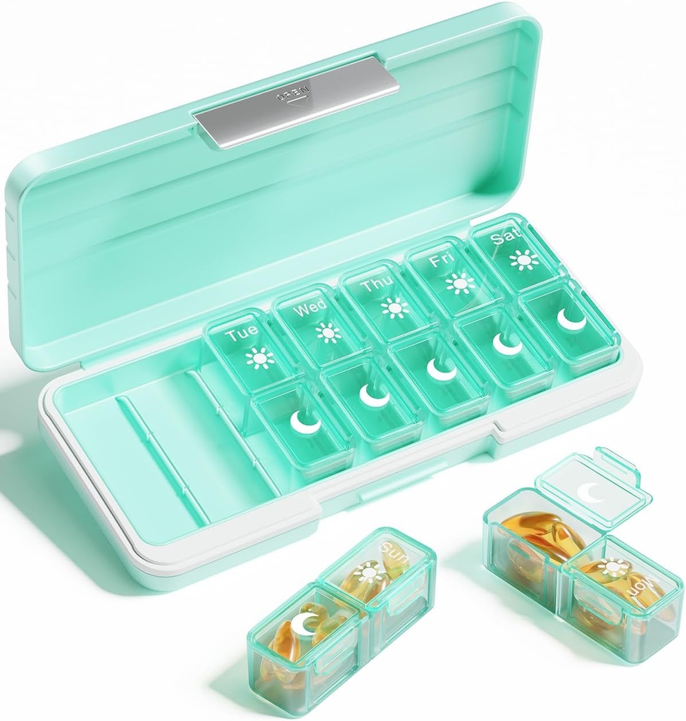 AM PM Pill Organizer 2 Times A Day, 7 Day Pill Box Weekly Pill Organizer Travel with Separate Container, Portable Daily Medicine Planner Dispenser Case for Vitamin, Fish Oils, Supplements（Green）