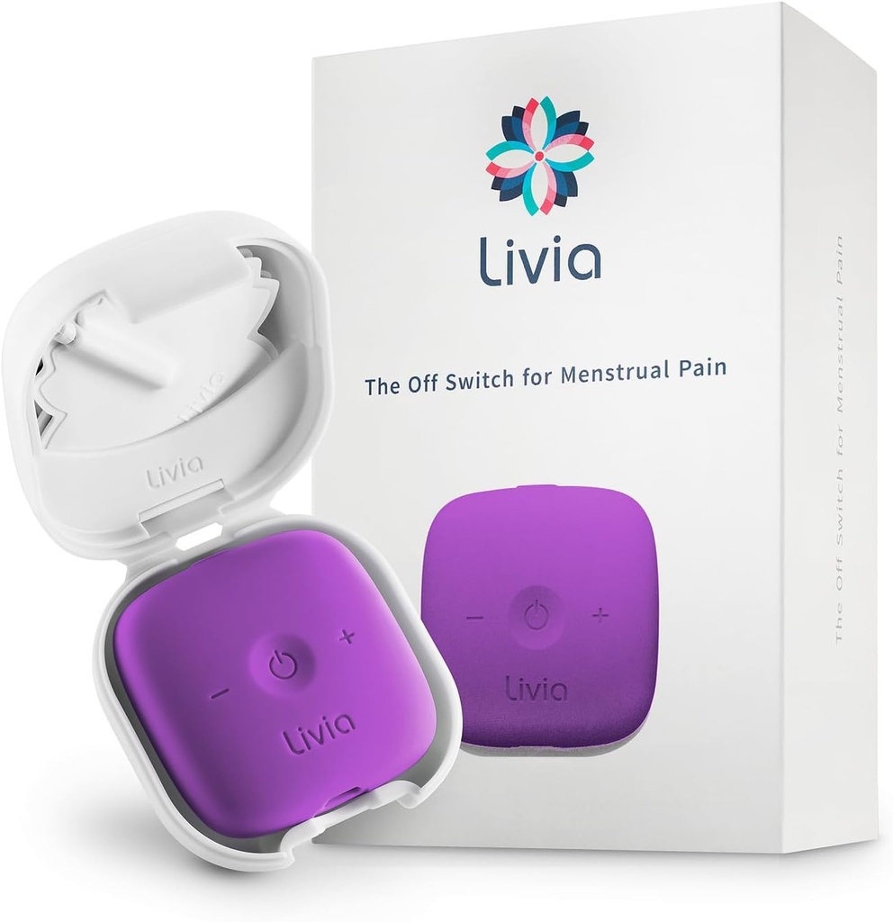 Livia Menstrual Pain Relief Device, Purple – Off-Switch for Period Pain – Portable & Discreet – Rechargeable, Up to 12 Hours Battery – Complete Kit with Stick-On Pads – The Go-to Travel Partner