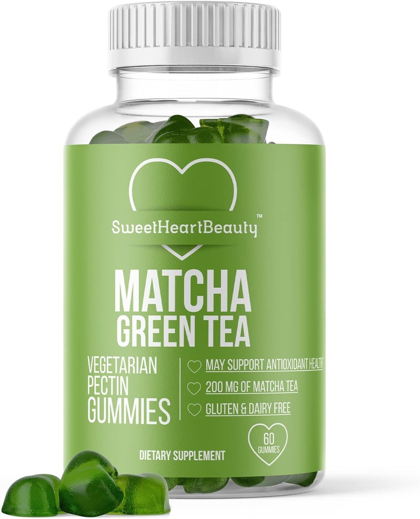 Matcha Green Tea Extrastra la vitamina Gummy con té verde Extracto por Sweetheart Beauty. Matcha Energy Gummies. Green Tea Detox y Cleanse. Vegan Friendly, Gluten-Free and Non-GMO. 1 Month Supply.
