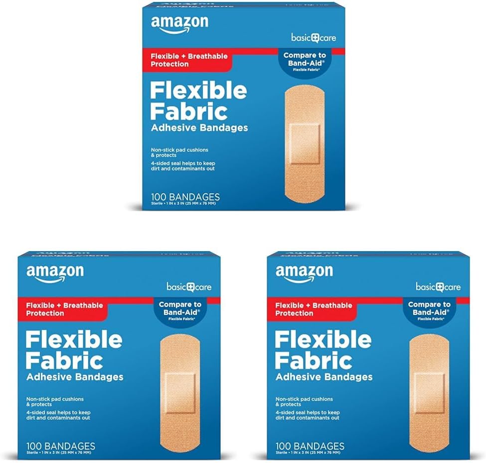 Cuidado básico Bandas adhesivas de tejido flexible, primeros suministros de ayuda y cuidado de heridas, tamaño todo-uno, 100 cuenta (Pack of 3)