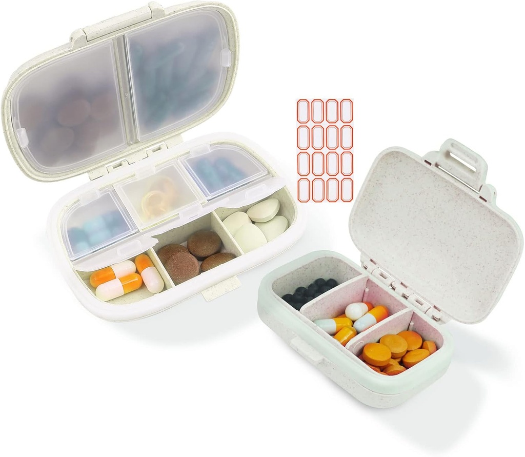 2 Pack Pill Organizer Box - Dispenser pequeño de píldoras Inicio Esenciales de viaje Suplemento Holder Portable Vitamin Case 8 Compartment &amp; 3 Containment Container Daily Medicine