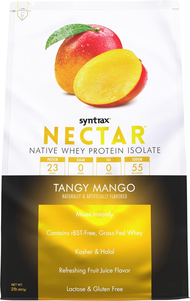 Sintrax Nutrition Nectar,100% Whey Protein Isolate Powder, Refreshing Fruit Juice Flavor, Tangy Mango, 2 libras.