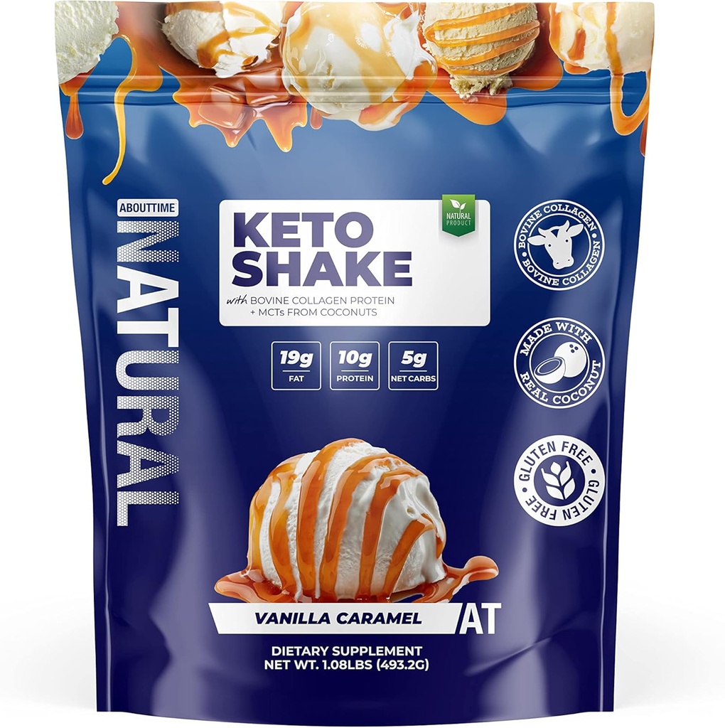 Acerca del tiempo Keto Shake con Bovine Collagen Protein + MCT de Coconuts - 19g Fat, 10g Protein, 5g Net Carbs - Vanilla Caramel, 1lb