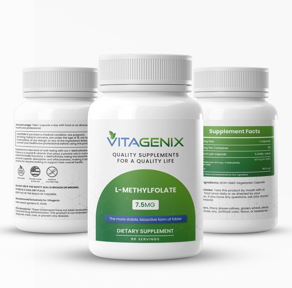 L-Methylfolate - Optimizado &amp; Folate de metil altamente bioactivo Suplemento de Mood &amp; Immune Support - Fortaleza profesional Active 5-MTHF Form - 1mg - Capsules (7.5 Mg)