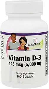 BariatricPal Vitamina D-3 125mcg (5000 UI) - Easy Swallow Vegetarian Softgels (100ct Bottle)
