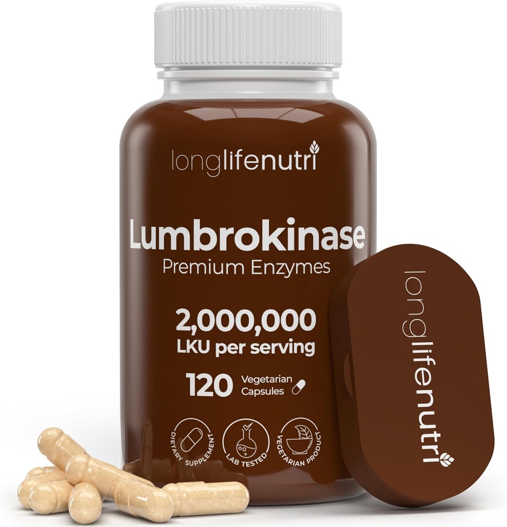 LongLifeNutri Lumbrokinase 100mg – Maximum Activity 2,000,000 Units Por Serving, 120 Vegetarian Capsules, 2-Month Supply, Natural Enzyme Supplement for Circulatory Health, Lab Tested, Made in USA