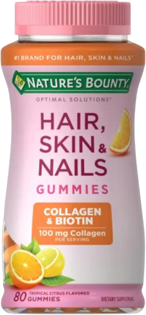 Bounty Optimal Solutions Hair, Skin & Nails with Biotin and Collagen, Citrus-Flavored Gummies Vitamin Supplement, 2500 mcg, 80 Ct, 40 Total Servings