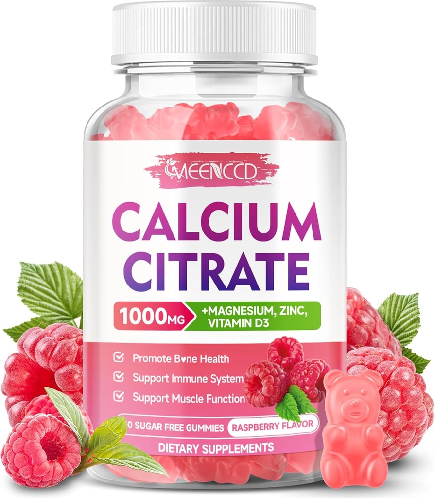 Calcium Citrate Gummies 1000mg w/Vitamin D3, High Absorption Suplemento Calcium para Hombres Mujer, Plus Magnesium, Potasio, Zinc para Muscle &amp; Immune, Sugar-Free, Raspberry Flavor, 60 Conde