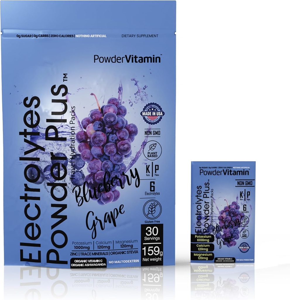 PowderVitamin Electrolytes Powder Plus, Keto, Blueberry Grape, Zero Sugar, 1000 mg de Potasio, 120 mg de Calcio, 120 mg de Magnesio, Non-GMO, Zero Calories, 30 paquetes de hidratación