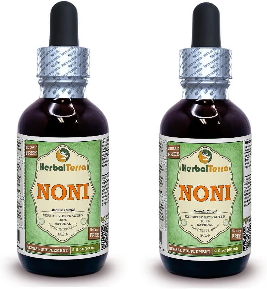 Noni (Morinda Citrofol) Glicérite, Frutas secas orgánicas Extracto líquido libre de alcohol (Nombre de la marca: HerbalTerra, Proudly Made in USA) 2x2 fl.oz (2x60 ml)