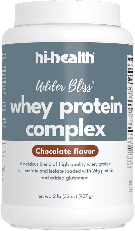Hi-Health Udder Bliss Whey Protein Complex Powder, Blend of Bioavailable Whey Protein Concentrate and Isolate with Added Glutamine, Chocolate (2 libras)
