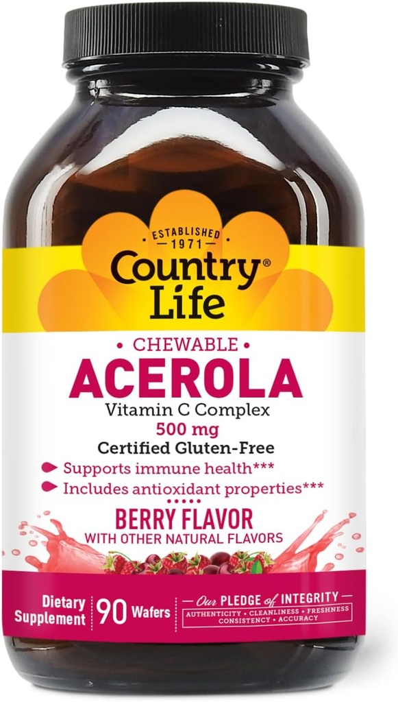 Country Life Acerola Vitamina C Complex, 500mg, Chewable Berry Flavored Wafers, Supports Immune Health, 90 Wafers, Certified Gluten Free by GFCO, Certified Vegan by AVA