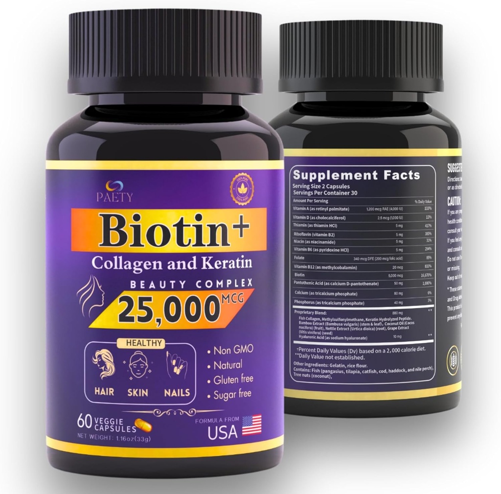 ¡Revitaliza tu belleza! Complejo de Biotina, Collagen " Keratin - 25.000 mcg con vitaminas de ácido hialurónico " B – Probada clínicamente para el cabello de malla, piel radiante, uñas fuertes – 60 cápsulas