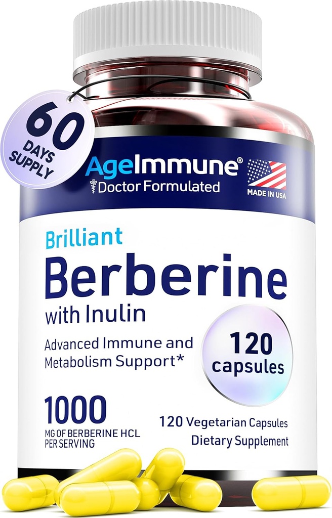 AgeImmune Berberine 1000mg Complejo Suplemento con Prebiótico Inulin - Cada Cápsula Contiene Berberine 500mg - Doctor Formulado Suplementos para Alta Absorción.