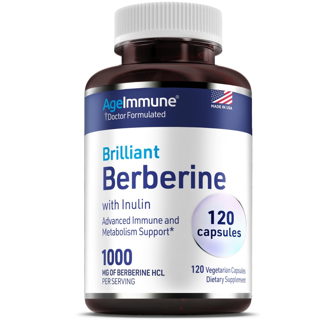 AgeImmune Berberine 1000mg Complejo Suplemento con Prebiótico Inulin - Cada Cápsula Contiene Berberine 500mg - Doctor Formulado Suplementos para Alta Absorción.