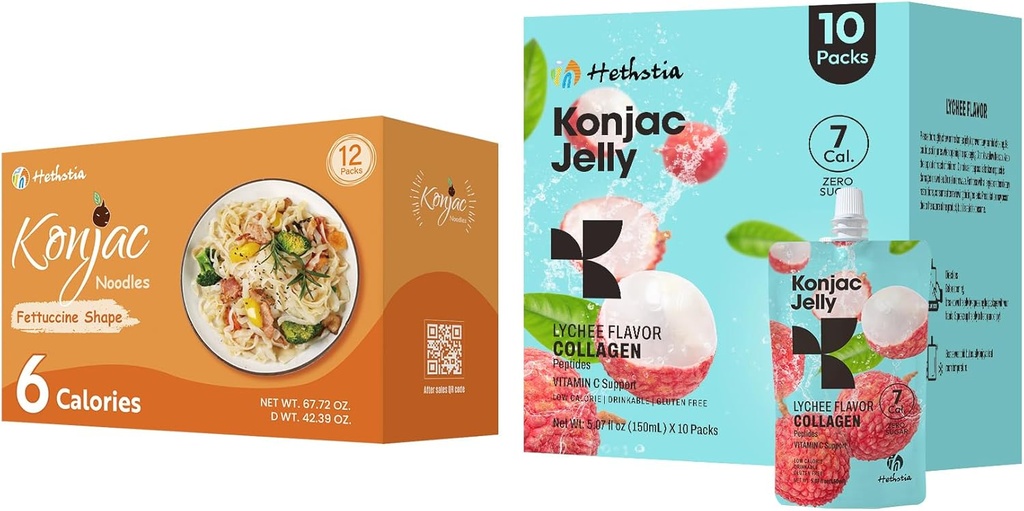 Hethstia Konjac Jelly Lychee Flavor with Collagen Peptides 10 Packs y Konjac Fettuccine Gluten Gratis 12 Packs Low Calorie, Keto, Sugar Free, Healthy Food