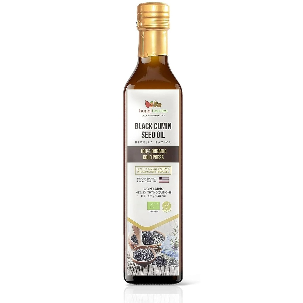 Huggiberries Organic Black Seed Oil Liquid - Glas bottle- Gluten-Free Oil for Salads, Dips, Dressings, Veggies - Cold Pressed Turkish Cumin, Rich in Thymoquinone Immunity Supplement - 8 fl.oz./250ml