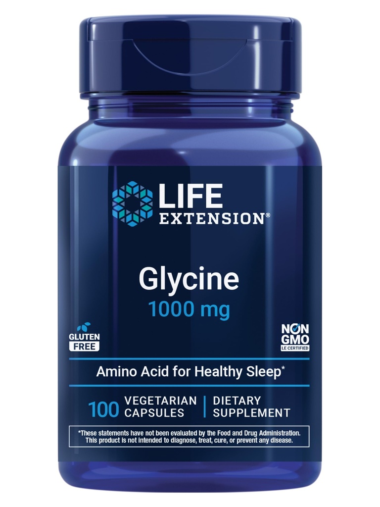 Glicina de extensión de vida, 1000 mg, Aminoácidos que promueve el sueño saludable, libre de gluten, no GMO, vegetariano, 100 cápsulas