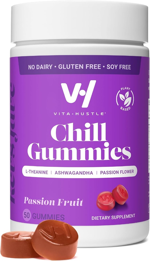 VitaHustle Chill Gummies for Stress Relief, 300 mg KSM 66 Ashwagandha, L-Theanine, Vegan, Mood Gummies, Balance Cortisol, Focus (Passion Fruit) 50 Conde