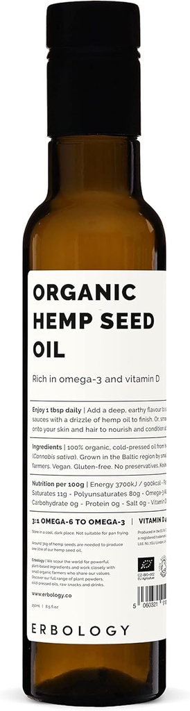 Erbology Organic Hemp Seed Oil 8.5 fl oz - Cold-Presed - Rich in Omega-3 - Source of Vitamin D - Straight from Farm - Non-GMO - No Additives or Preservatives - Reciclable Glass Bottle