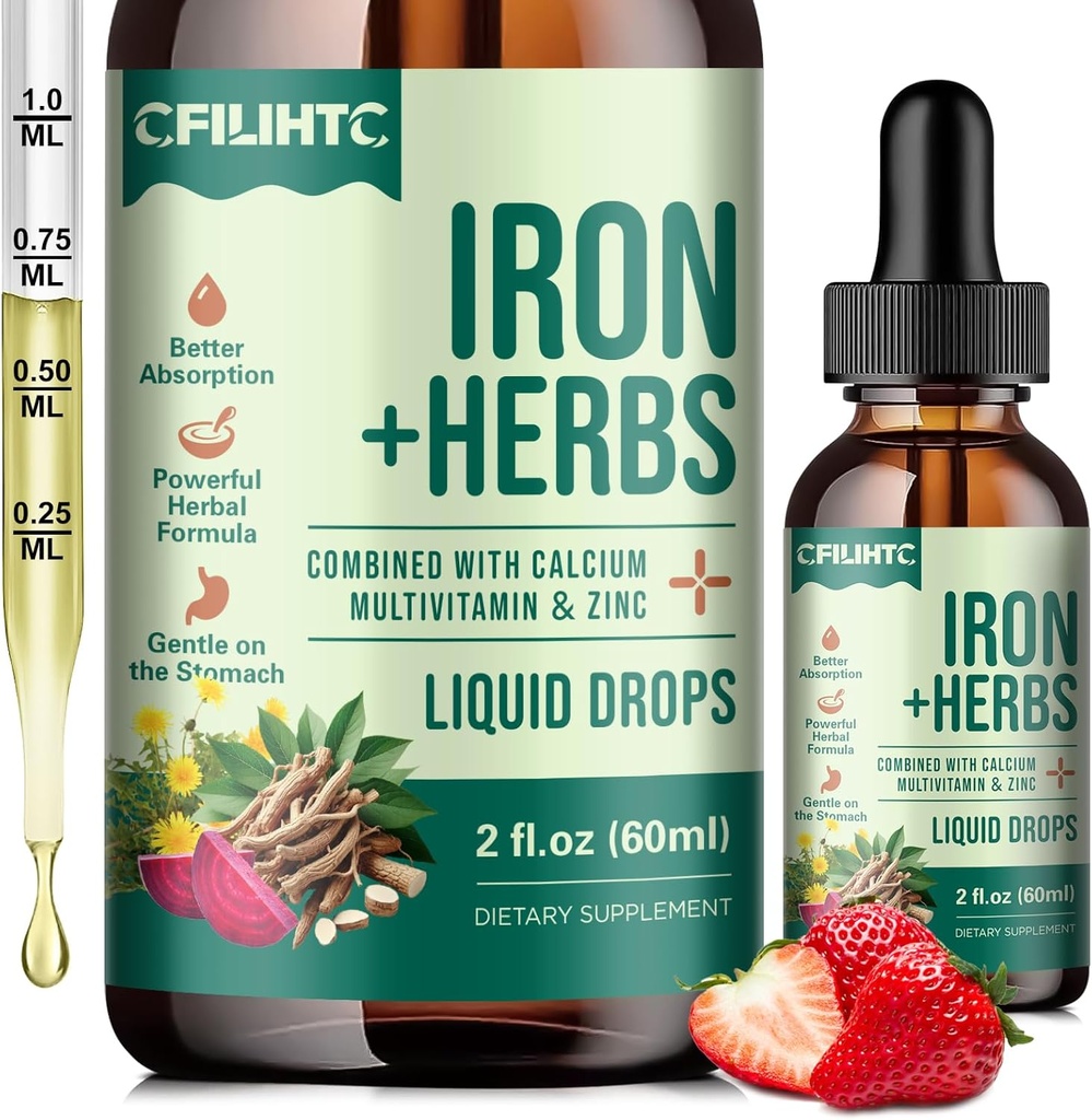 Suplemento de hierro líquido para mujeres, hombres, gotas de hierro con hierba de la salud femenina Blend, calcio, zinc &amp; multivitamínico - Soporte destructor de sangre, piel, energía, inmunológico para la deficiencia de hierro, anemia, Vegan 2 Fl Oz