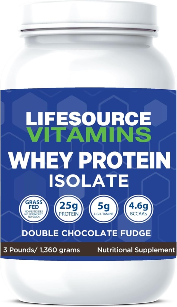 LifeSource Vitamins 3 lb - US Dairy Cows Grass Fed Whey Protein Isolate - Double Chocolate Fudge endulzado w/Stevia - 3 lb Powder
