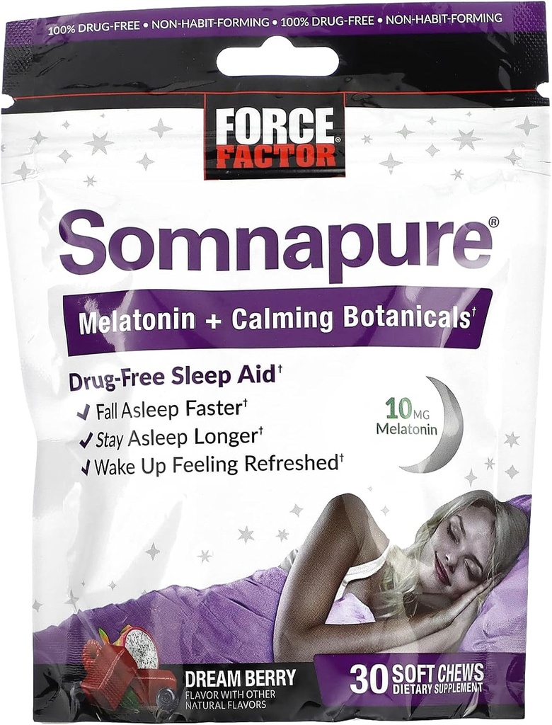 FORCE FACTOR Somnapure Soft Chews con 10mg Melatonin, L-Theanine, Chamomile, Lemon Balm, Dream Berry Flavor, 30 Soft Chews