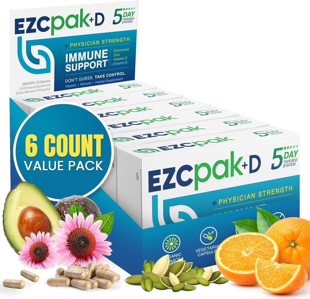 EZC Pak 5-Day Immune System Booster con Echinacea, Vitamina C, Zinc &amp; Vitamina D - Tapered Immune Support Supplement for Adults - Support Immunity, Easy Travel-Size Supplement Pack - (Pack of 6)